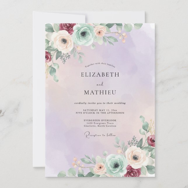 Amethyst Sjöskum Ranunculus Eukalyptus Bröllop Inbjudningar (Framsida)