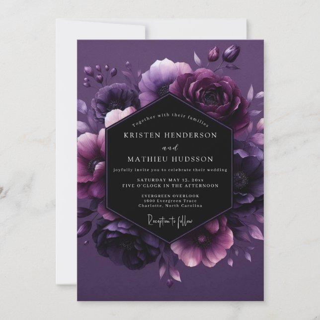 Amethyst Skymning Flora Bröllop Inbjudningar (Framsida)
