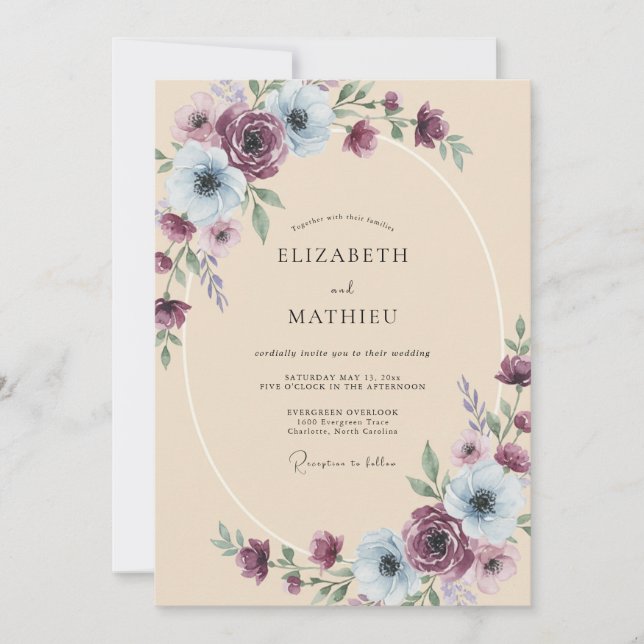 Amethyst Stål Ranunculus Eucalyptus Bröllop Inbjudningar (Framsida)
