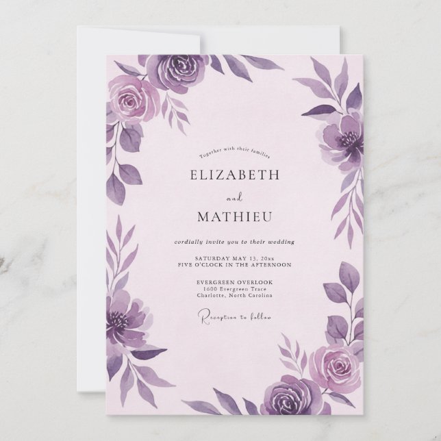 Amethyst Violett Bröllopsblomma Inbjudningar (Framsida)