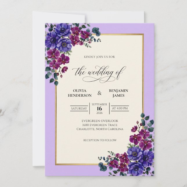 Amethyst Violett Bröllopsbukett Eukalyptus Inbjudningar (Framsida)