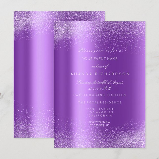 Amethyst Vit Glitterblad Sand Ram Glam Inbjudningar (Fram/baksida)