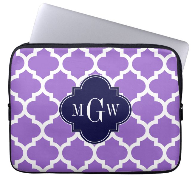 Amethyst White Moroccan #5 Navy 3 Initial Monogram Laptop Sleeve (Framsidan)