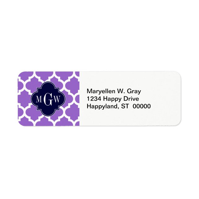 Amethyst White Moroccan #5 Navy 3 Initial Monogram Returadress Etikett (Framsidan)