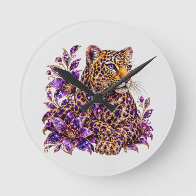 Ametist Juvel Leopard Konst Rund Klocka (Framsida)