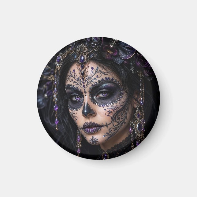 Ametist Orkidé Calavera – Gotisk Socker Skalle Magnet (Framsidan)