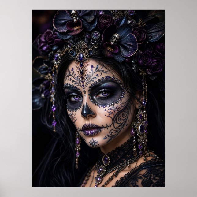 Ametist Orkidé Calavera – Gotisk Socker Skalle Poster (Framsidan)