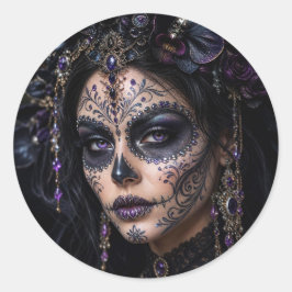 Ametist Orkidé Calavera – Gotisk Socker Skalle Runt Klistermärke