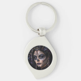 Ametist Orkidé Calavera – Gotisk Socker Skalle Swirl Silverfärgad Nyckelring