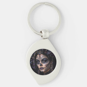 Ametist Orkidé Calavera – Gotisk Socker Skalle Swirl Silverfärgad Nyckelring