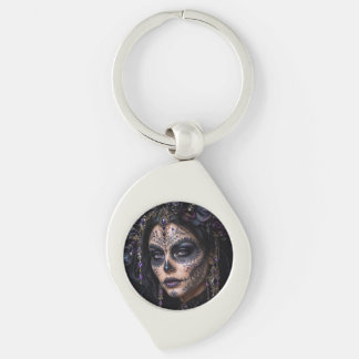 Ametist Orkidé Calavera – Gotisk Socker Skalle Swirl Silverfärgad Nyckelring
