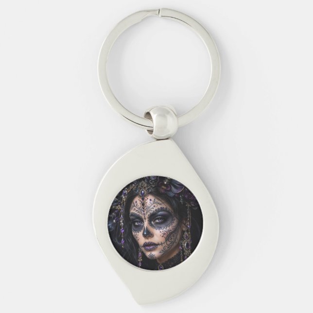 Ametist Orkidé Calavera – Gotisk Socker Skalle Swirl Silverfärgad Nyckelring (Framsidan)
