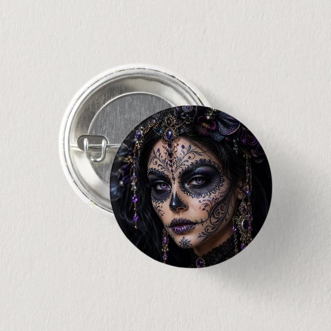 Ametist Orkidé Calavera – Gotisk Sockerskalle Knapp (Framsida & baksida)