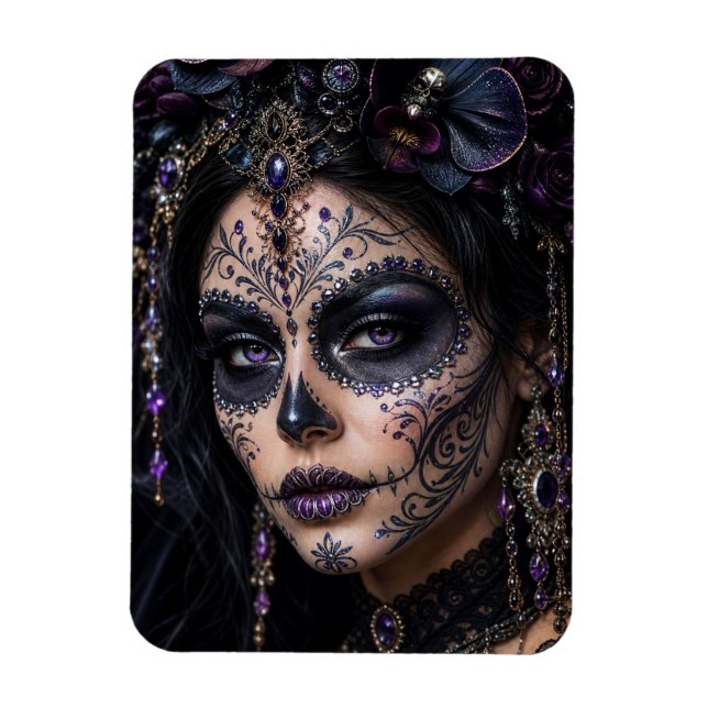 Ametist Orkidé Calavera – Gotisk Sockerskalle Magnet (Vertikal)