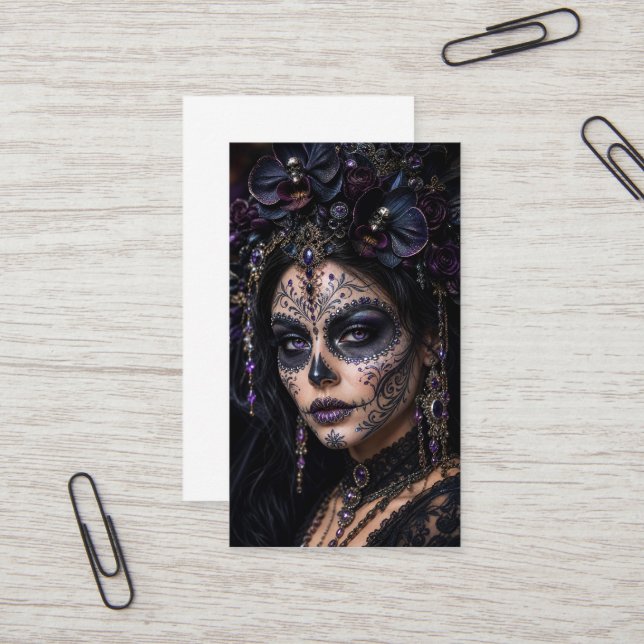Ametist Orkidé Calavera – Gotisk Sockerskalle Visitkort (Fram/Back In Situ)