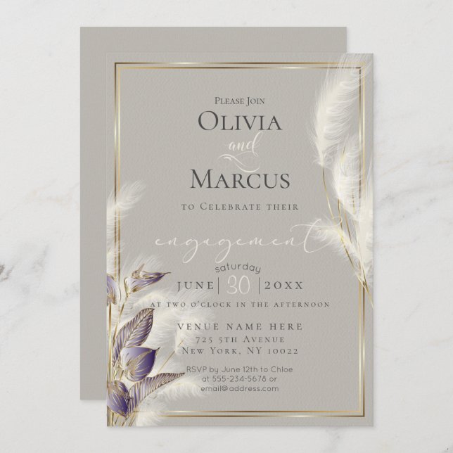 Ametyst Anthurium och Feathery Pampas Grass Inbjudningar (Fram/baksida)