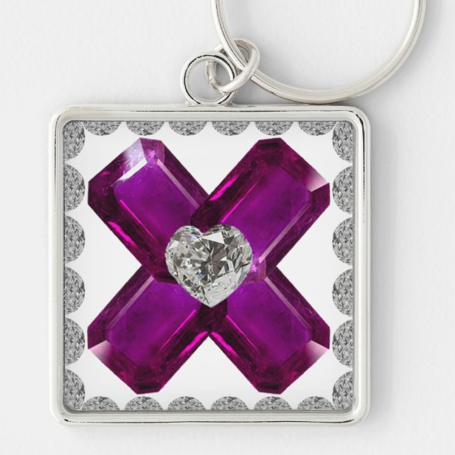 Ametyst Diamond Art, Lila Keychain Fyrkantig Silverfärgad Nyckelring (Framsidan)
