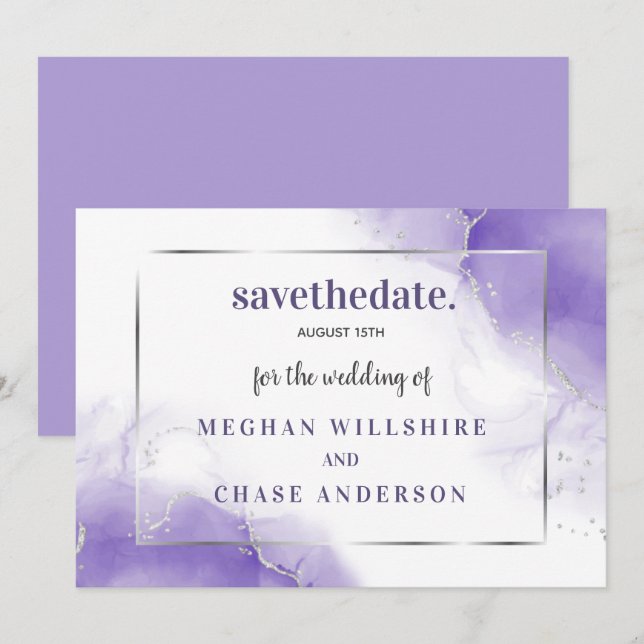 Ametyst Lila Minimalist Silver Inbjudningar (Fram/baksida)