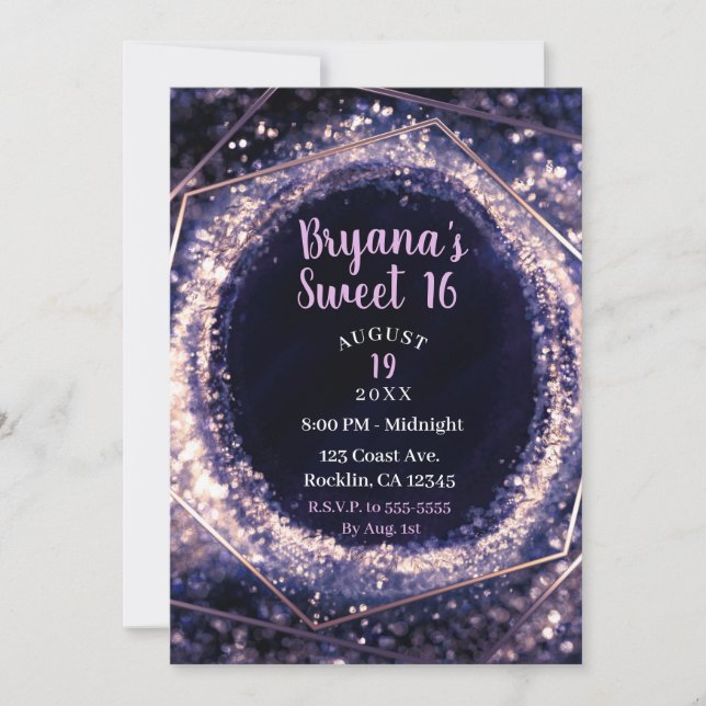 Ametyst Lila Modern Abstrakt Glam Sweet 16 Inbjudningar (Framsida)