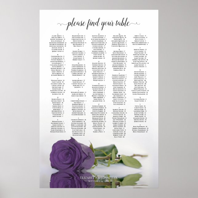 Ametyst Lila Ro Alfabetiskt sittningsschema Poster (Framsidan)