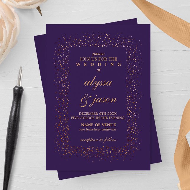Ametyst och bronze Confetti Bursts Bröllop Inbjudningar (Skapare uppladdad)
