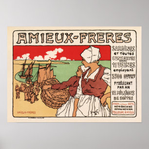 AMIEUX-FRERES sardine Fish Fisherman Old Fransk Poster