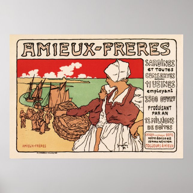AMIEUX-FRERES sardine Fish Fisherman Old Fransk Poster (Framsidan)