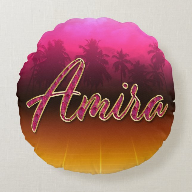 Amira Vorname Name golden pink Kissen Rund Kudde (Framsidan)