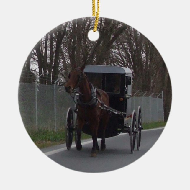 Amish häst- & Buggyprydnad Julgransprydnad Keramik (Framsidan)