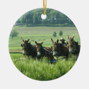 Amish häst dragen plog julgransprydnad keramik
