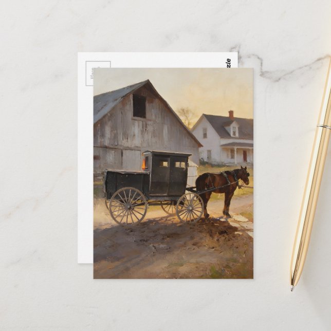 Amish häst och vagn  vykort (Fram/Back In Situ)