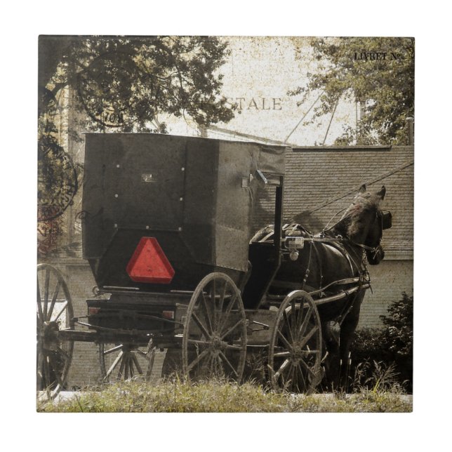 Amish Horse and Buggy Sepia Postcard Digital Art Kakelplatta (Framsidan)