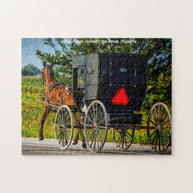 Amish Horse Buggy Indiana. Jigszle Puzzle Pussel (Horisontell)