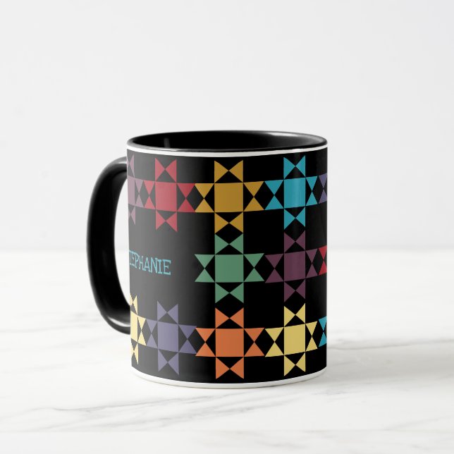 Amish Quilt Ljusa färger på Black Personlig Mugg (Framsida vänster)
