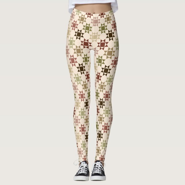 Amish Quilt Print Cream Neutralt Färg Patterned Leggings (Framsida)