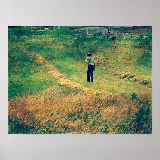 Amish Walking Beside Hay Fält Poster (Framsidan)