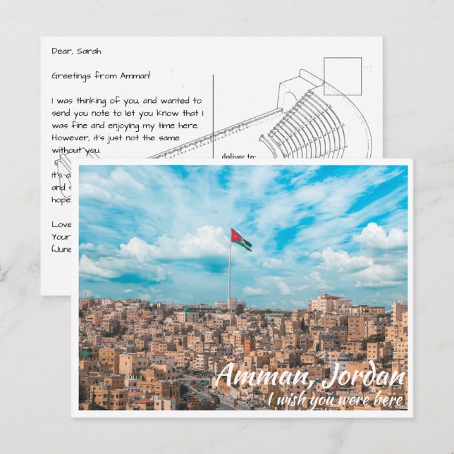 Amman Jordanien med Jordansk Flagga Vykort (Fram/baksida)