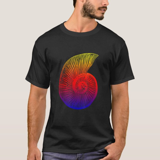 Ammonite Red Blue Gult Fossil Design T Shirt (Framsida)