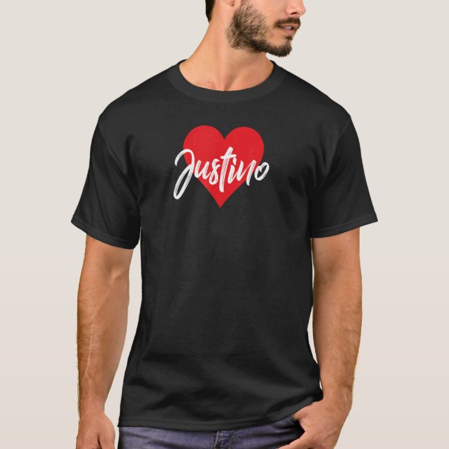 Amo A Justino Primer Nombre Yo Corazón T Shirt (Framsida)