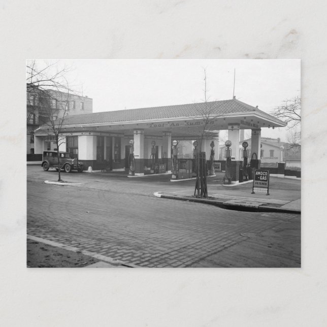Amoco bensinstation, 1925 vykort (Framsida)