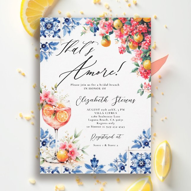 Amore Italian Lemon Floral Brunch Bridal Shower  Inbjudningar (thats amore italian themed bridal shower invitation lemon blue watercolor floral bouganvillea brunch)