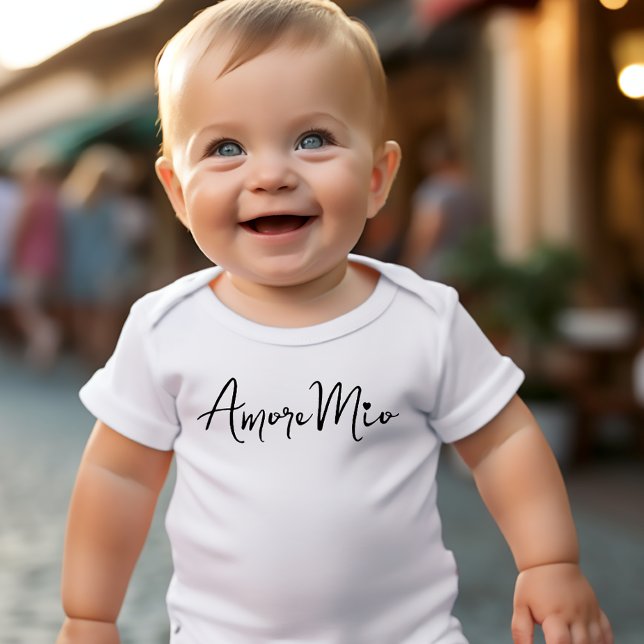 Amore Mio Chic Black Script on White T Shirt (baby bodysuit in white with black flowing script "Amore Mio" with little heart dotting the i)