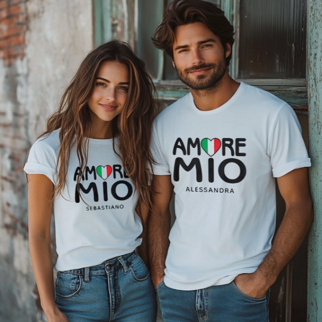 Amore Mio Couples Italian Flag Heart White T Shirt (Amore Mio Personalized Couples White T-shirt for Valentine's Engagement Wedding)