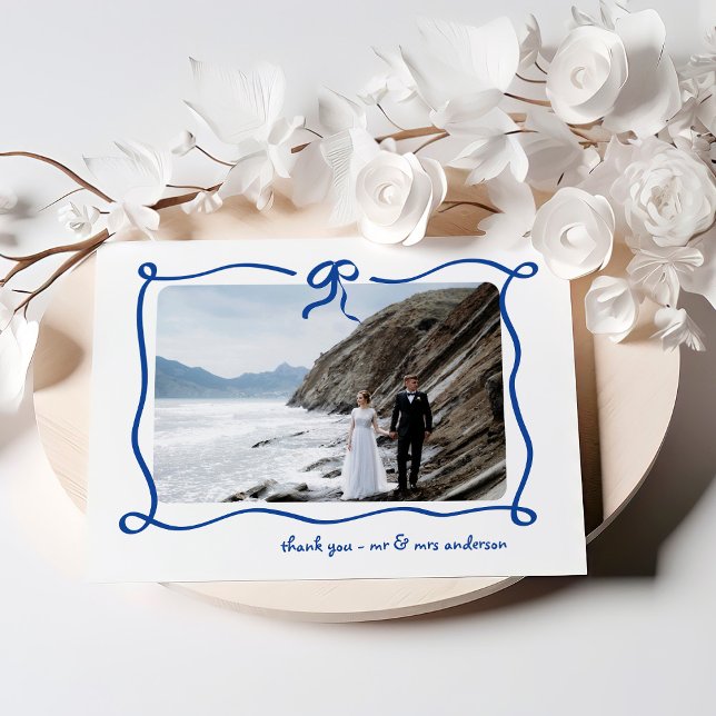 Amour | Blå fransk båge och foto bröllop Tack Kort (Skapare uppladdad)