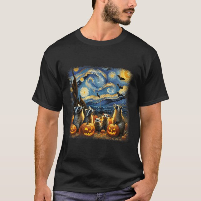 &amp; Possum Halloween Fall Van Gogh Starry night T Shirt (Framsida)