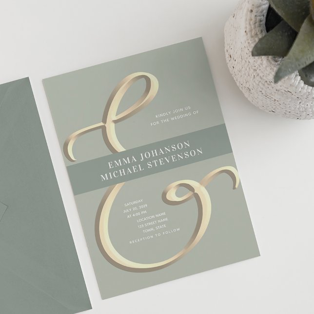 Ampersand Guld Sage Grön Bröllopsinbjudan Inbjudningar (Skapare uppladdad)