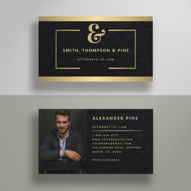 Ampersand Modern Black Guld Professionell Photo Bu Visitkort (lawyer business card law legal services paralegal elegant photo black gold line simple modern classy)