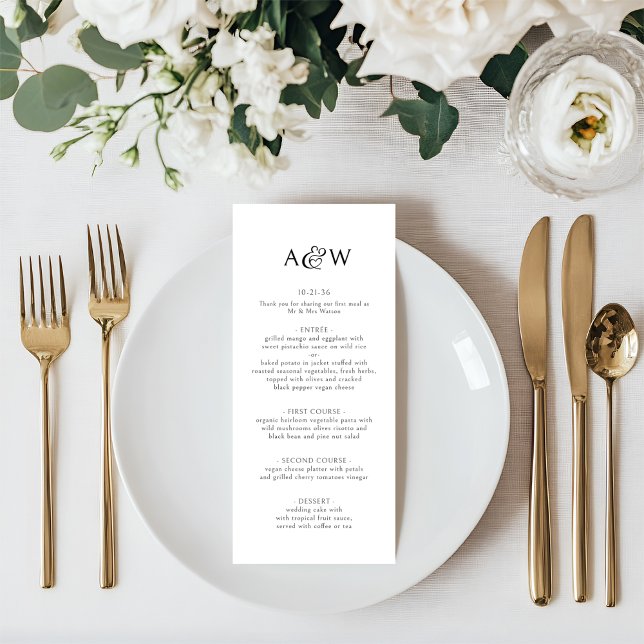 Ampersand Monogram Black and White Bröllop Meny (Wedding Menu - Bride & Groom Monogram Initials with Decorative Heart Ampersand.)
