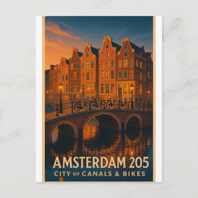 Amsterdam 2025 – Kanalernas och cyklarnas stad Vykort (Framsida)