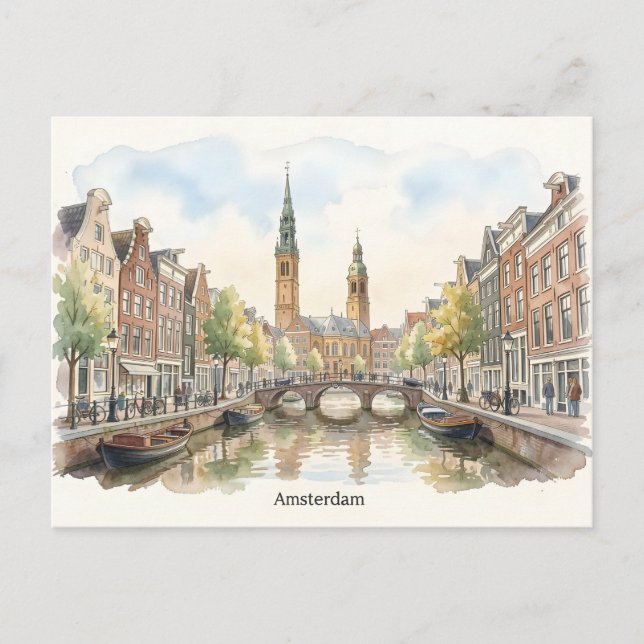 Amsterdam akvarell konst vykort (Framsida)